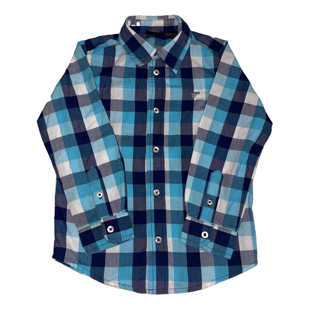Wrangler Toddler Boys Plaid Button Up Shirt Blue Horse Logo 5T Long Sleeve